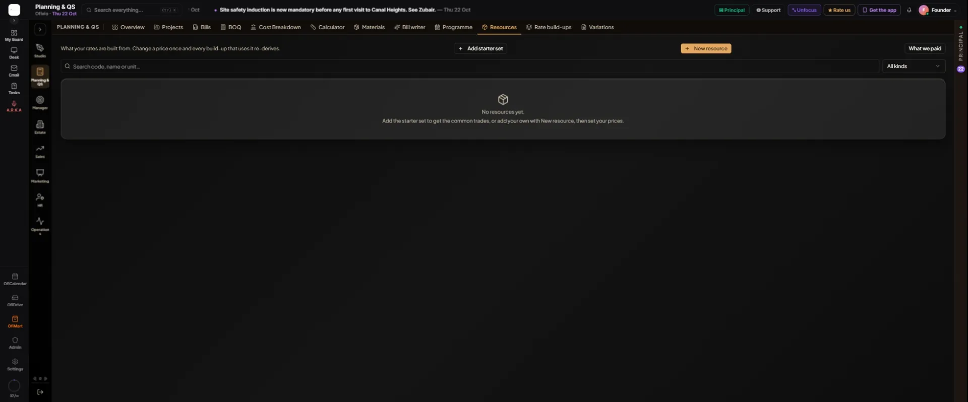 Resources on an account with no price book yet. "Add starter set", "New resource" and "What we paid" run across the top, with the search box and the "All kinds" filter beneath.