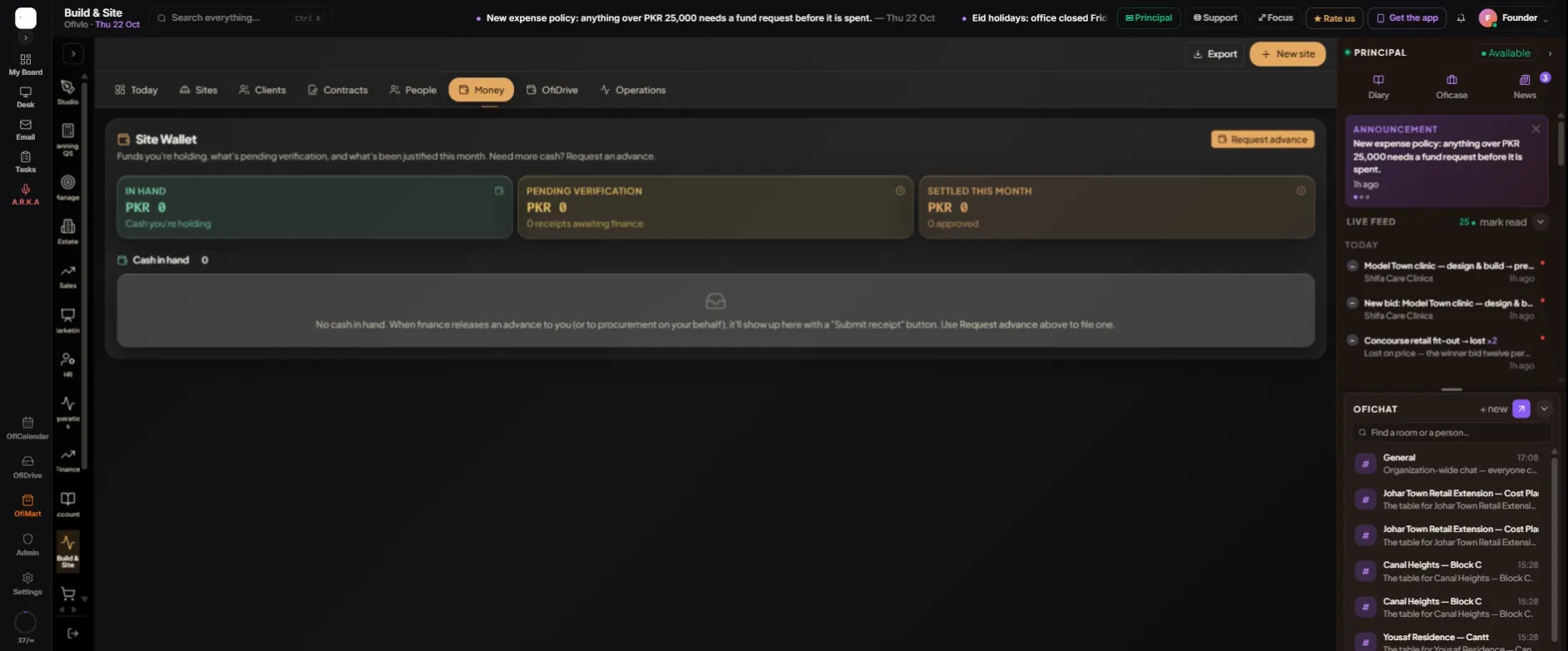 The Site Wallet with nothing in hand yet. The three tiles read left to right: cash you are holding, receipts waiting for finance, and what was settled this month. "Request advance" is top right.