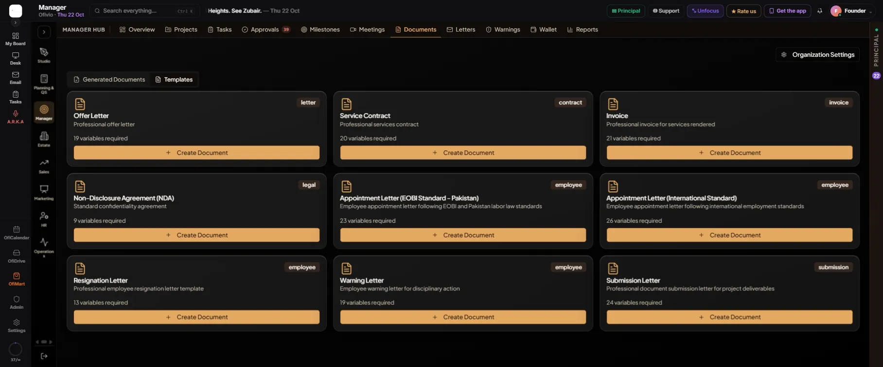 The Templates shelf: each card names its use and how many details it needs, with "Create Document" below.