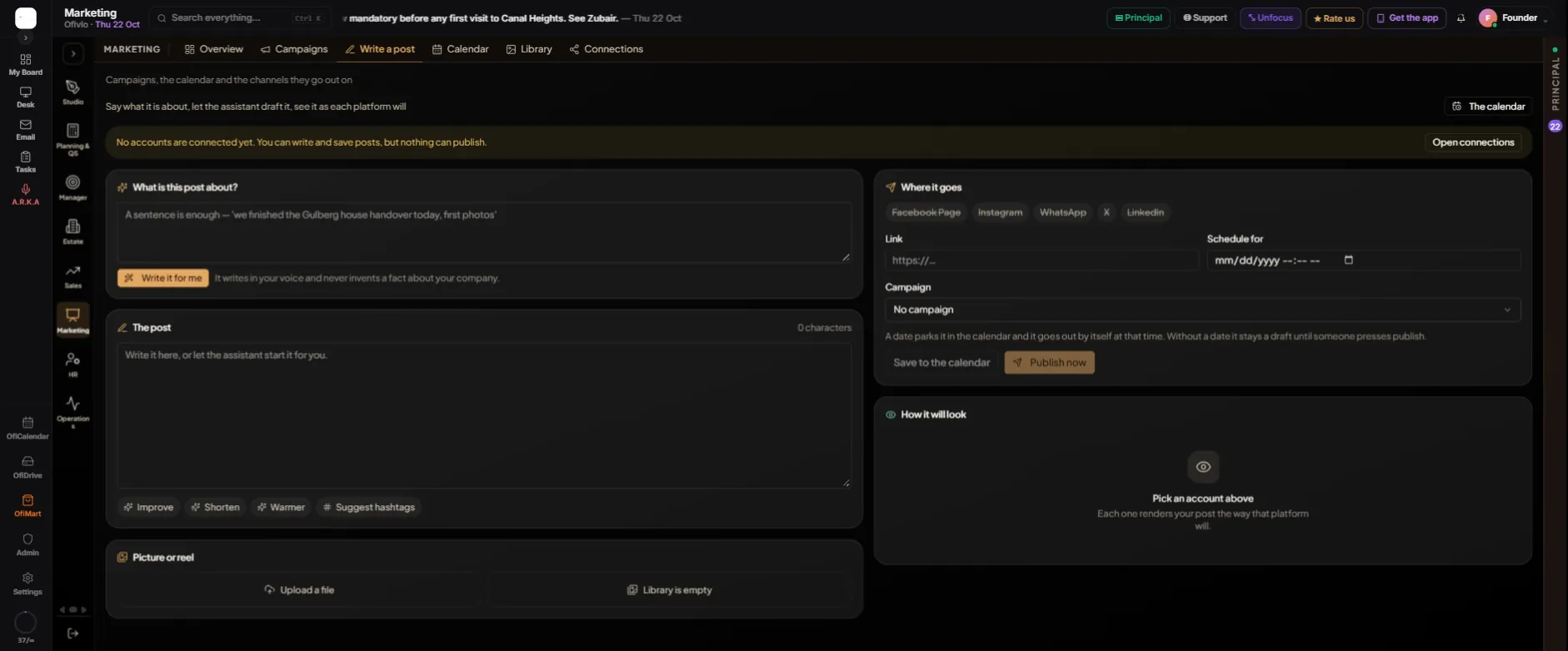 Write a post: the brief and "Write it for me" on the left, the post with Improve, Shorten, Warmer and Suggest hashtags under it. On the right, "Where it goes", the schedule, the two buttons and "How it will look".