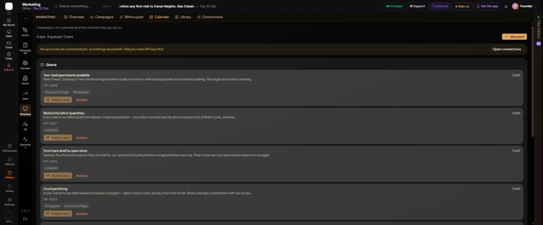 The content calendar's Queue: each post shows its text, its number, the platforms it goes to and its own "Publish now" and "Archive". The amber line says nothing can publish until accounts are connected.