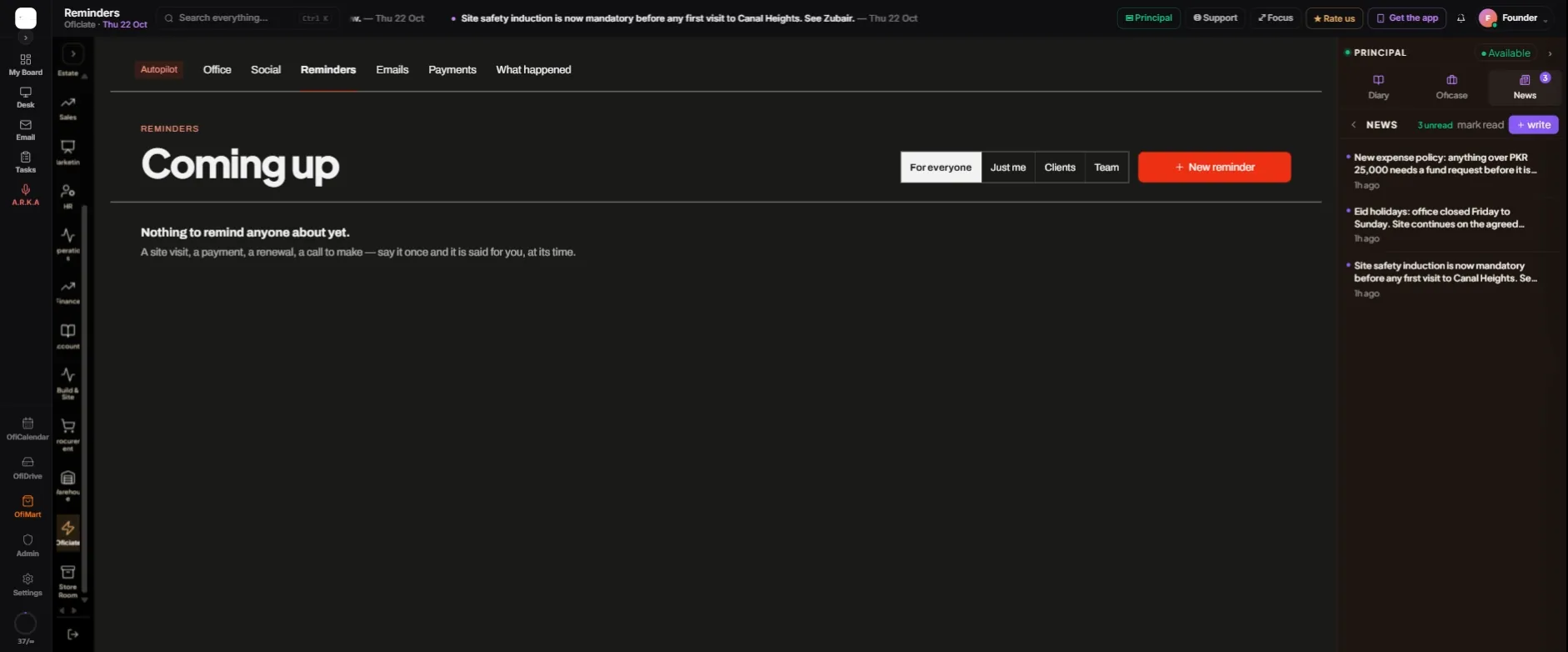 "Coming up", empty for now. Filter with "For everyone", "Just me", "Clients" and "Team"; the red "+ New reminder" starts one.