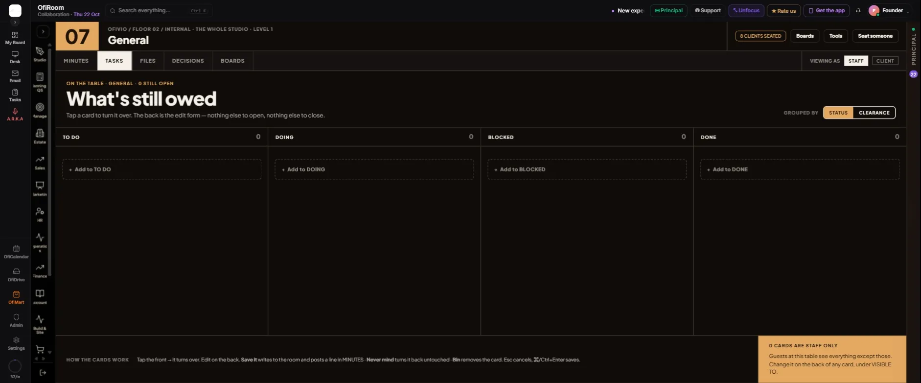 The General table's Tasks tab, "What's still owed", with its four columns empty and "GROUPED BY STATUS · CLEARANCE" at the right. The strip at the foot explains how the cards turn over.