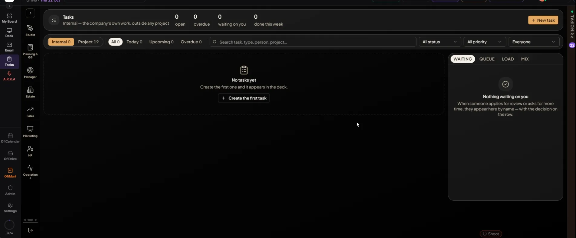 The firm-wide Tasks page on "Internal", with no internal tasks yet. Look at the "Internal" / "Project" switch (the project tasks wait on the other side), the four figures at the top, and the WAITING, QUEUE, LOAD and MIX rail on the right.